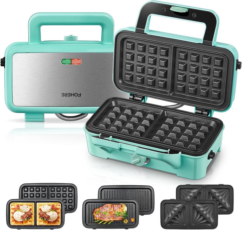FOHERE Waffle Maker 3 in 1 Sandwich Maker 1200W Panini Press With Removable Plates and 5-gear Temperature Control, Non-stick Coating Easy to Clean,Indicator Lights, Blue - Image 1